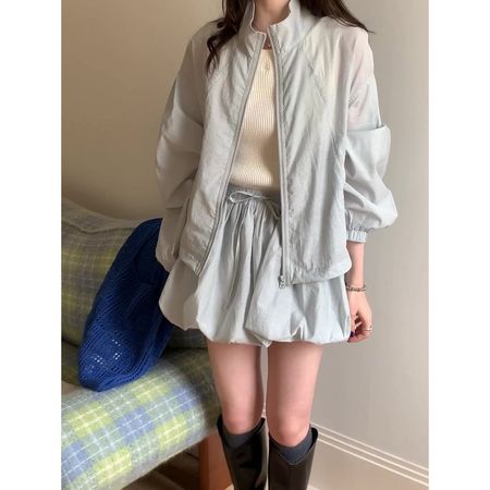 Women's Casual Stand Collar Zipper Cardigan Sun Protection Jacket Short Skirt