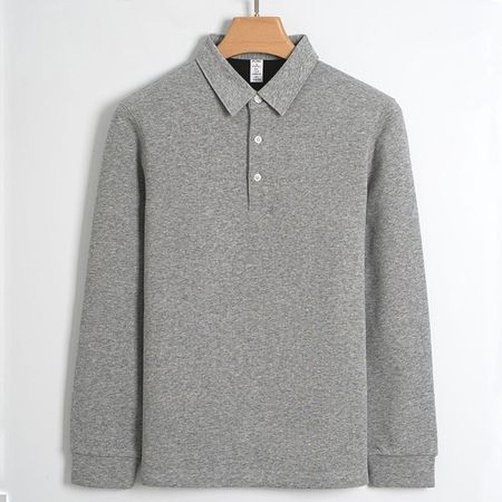 Men's Long-sleeved Elastic Warm Business Casual Polo Shirt with Fleece Lining Cotton