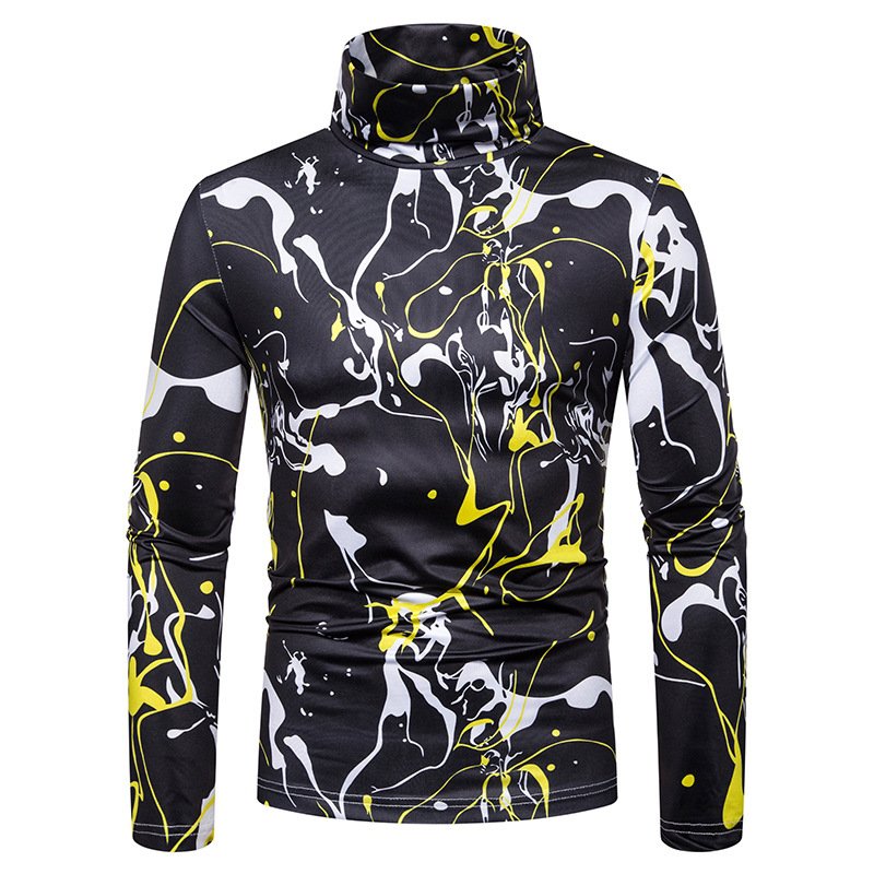 New men's large size 3D European size irregular printing high neck long sleeve T-shirt bottoming shirt L27