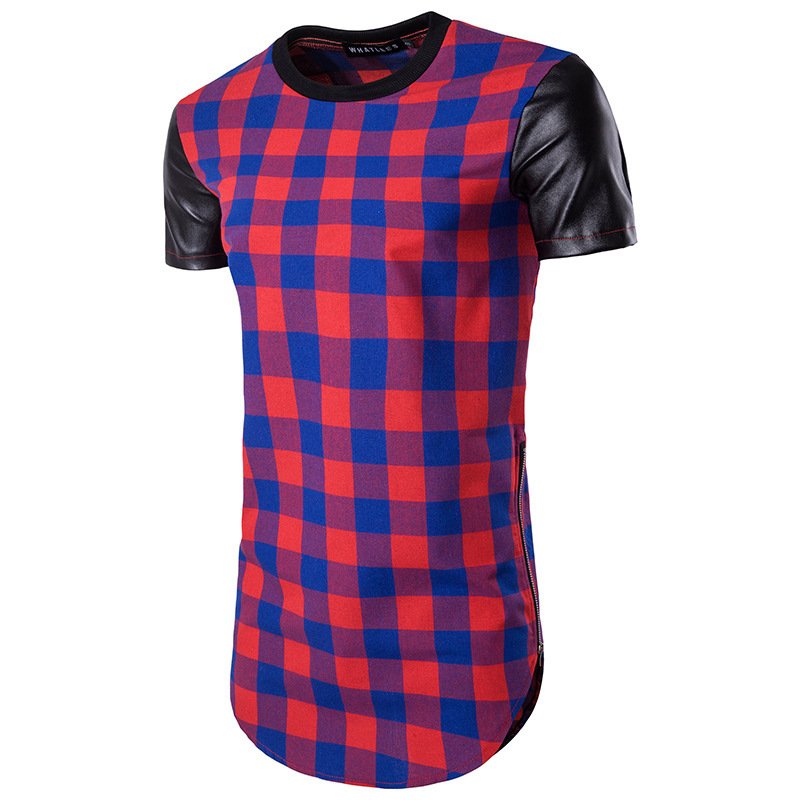 2022 hollow hip-hop high street men's long plaid sleeves and leather double-sided zipper arc short-sleeved T-shirt B121