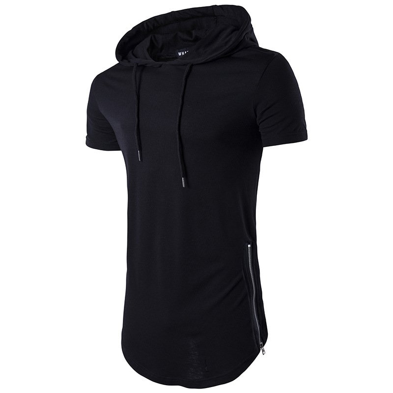 2022 foreign trade summer new men's double side zipper high street hip-hop long hooded short-sleeved T-shirt B62