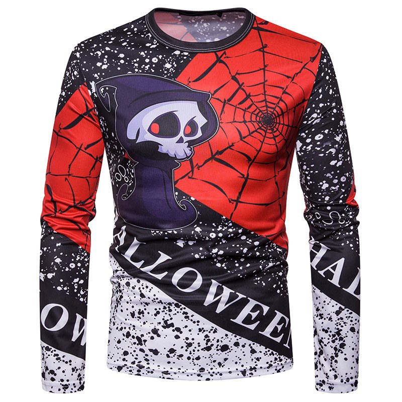 New men's personality Halloween skull print round neck 3D long sleeve T-shirt CT459