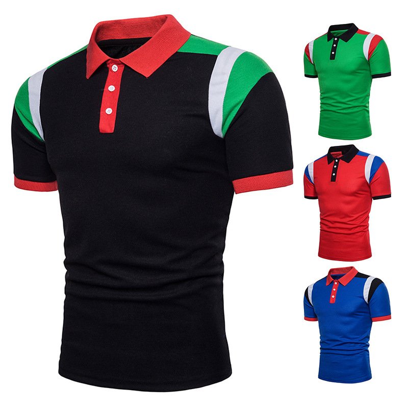 New men's shoulder color block short sleeve POLO Q44