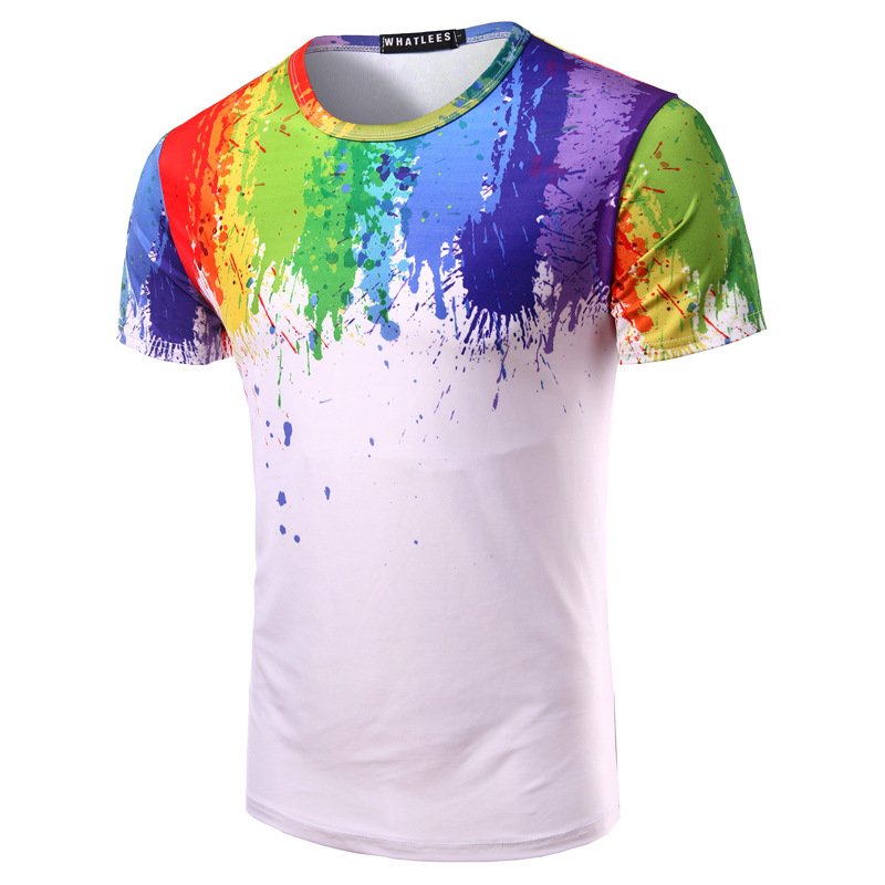 Foreign trade explosion summer new style splash paint splash ink 3D printing men's rainbow round neck short sleeve T-shirt T197