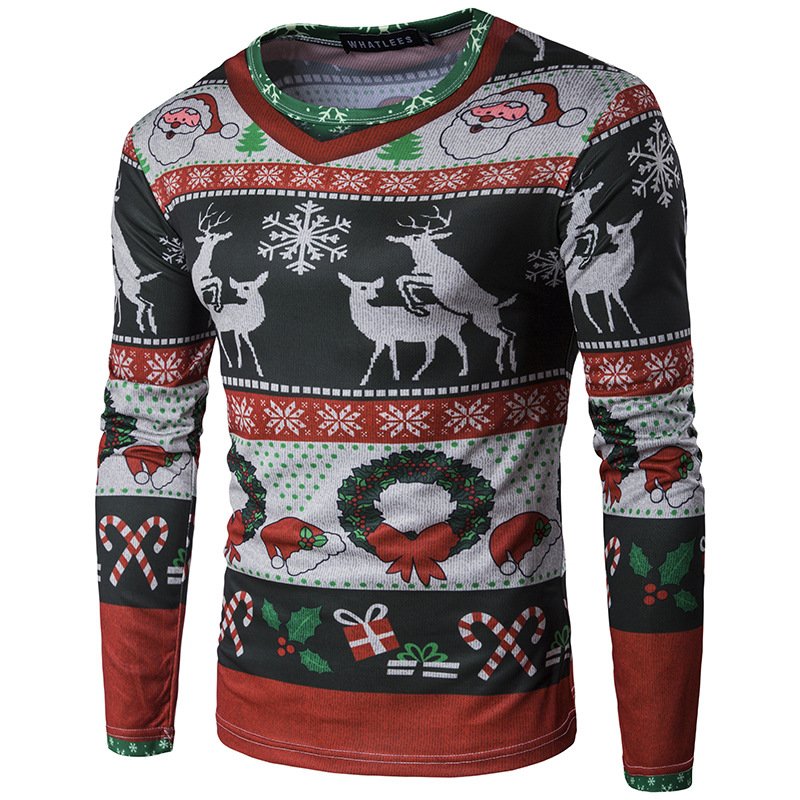 Foreign trade new style 3D personality printing fashion men's Christmas elk pattern long-sleeved T-shirt CT289