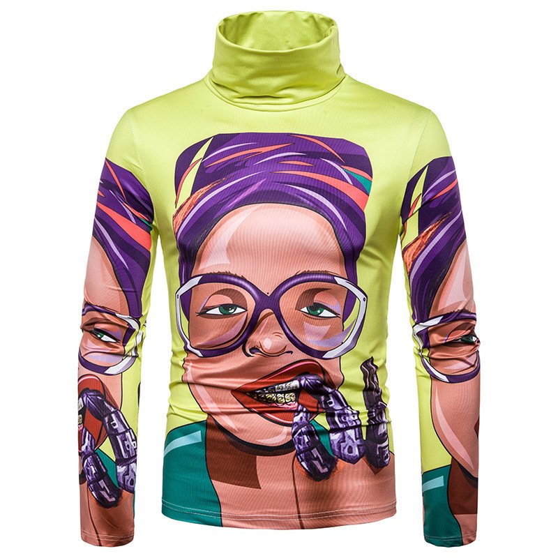 New men's large size 3D color character print high neck long sleeve T-shirt bottoming shirt L35