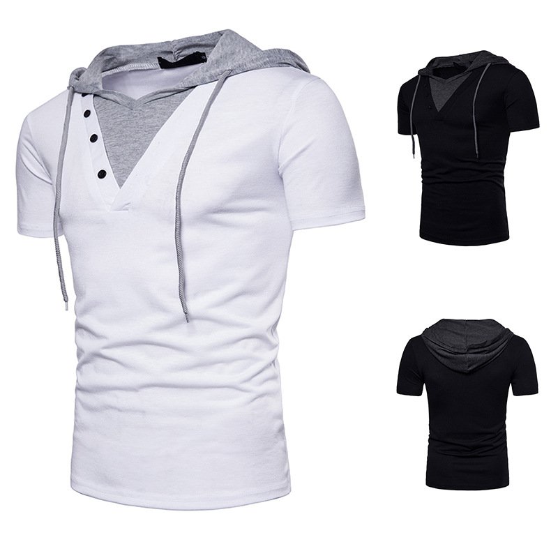 New fake two-piece design men's European size hooded short-sleeved T-shirt Q95