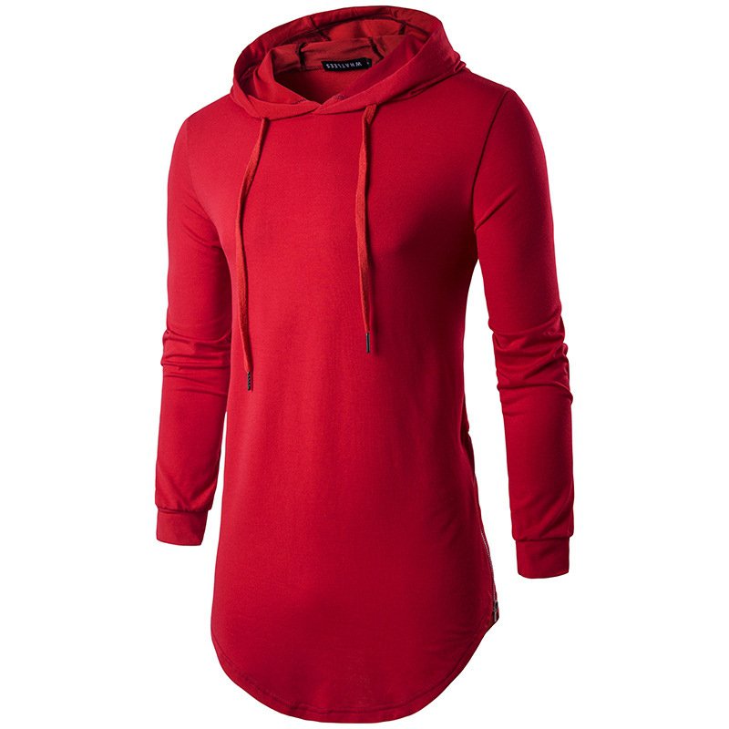 Foreign trade men's long-sleeved T-shirt, solid color hooded mid-length T-shirt, spring and autumn men's bottoming shirt 020